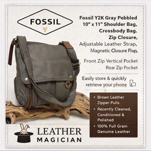 Fossil Y2K Gray Pebbled Leather Crossbody Messenger Bag with Brown Accents
